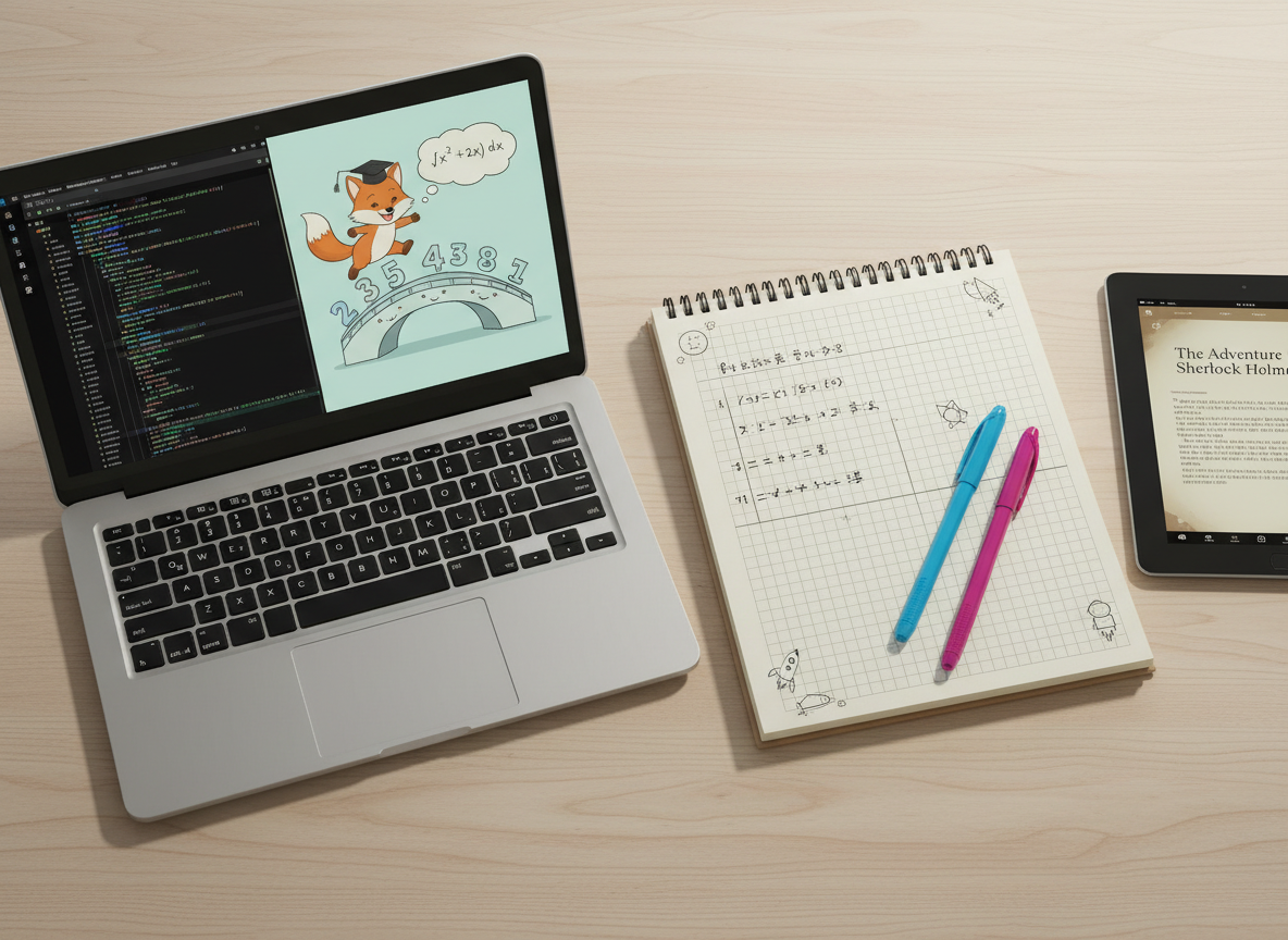 An overhead, photographic view of a tidy study table where a slim laptop displays a dark-themed code editor on one side and a cheerful, illustrated math problem on the other. Next to it, an open notebook reveals a mix of carefully written Japanese notes, hand-drawn number lines, and quirky little margin sketches. A pair of colorful gel pens rests diagonally across the notebook, and a simple digital tablet shows a reading app with a sepia-toned book page. Soft diffused afternoon light from above creates even illumination with gentle shadows at the edges, giving a calm, inviting atmosphere that blends the joy of coding, reading, and arithmetic practice.