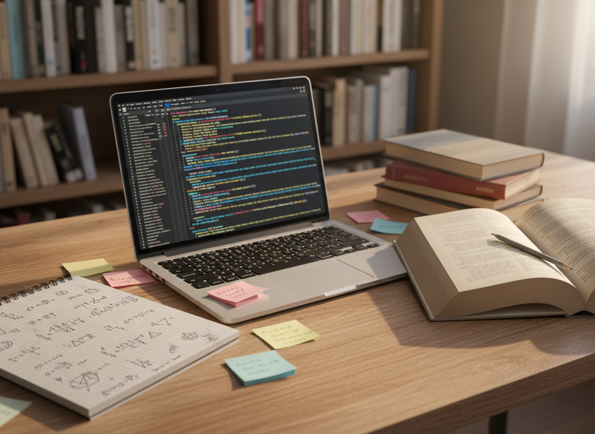 A cozy wooden desk scattered with an open laptop showing brightly colored lines of programming code, a thick paperback math book propped open with a pencil, and a small stack of novels with worn paper covers. Beside them lie a grid notebook filled with neatly handwritten equations and doodled diagrams, and sticky notes with tiny scribbles. Soft morning sunlight streams in from an unseen window, creating warm highlights on the laptop keys and gentle shadows across the pages. Photographic realism, shot from a slightly elevated angle with shallow depth of field, keeping the center of the desk in sharp focus while the background shelves of books fade into a soft blur, creating a playful yet studious mood.