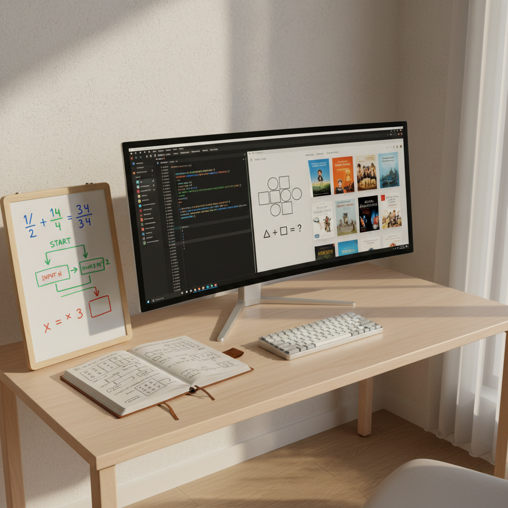 A wide, photographic shot of a minimalist home workspace featuring a large monitor that simultaneously displays a code editor, a simple math puzzle with geometric shapes, and a digital bookshelf of e-books. Beneath the monitor sits a compact keyboard and a journal opened to hand-drawn number grids and quick notes about a coding challenge. On the side, a small whiteboard leans against the wall, covered in neatly sketched fractions, arrows, and boxes representing a simple algorithm, all in different marker colors. Late-afternoon natural light streams across the desk from the right, creating long, soft shadows and a bright yet relaxed atmosphere. Captured at eye level with balanced composition, the scene feels organized, playful, and deeply focused on everyday learning.