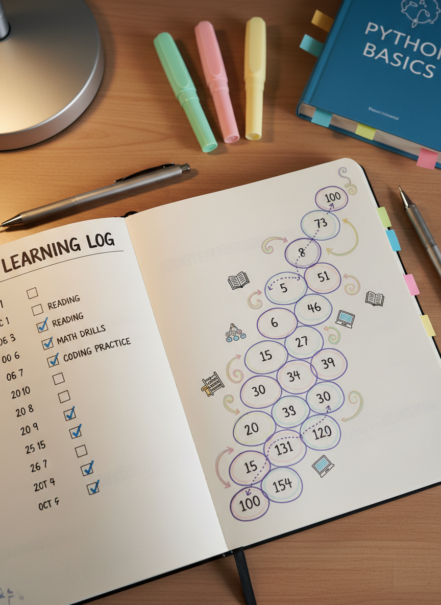 A close-up, photographic shot of an open bullet journal spread dedicated to a playful learning log. One page lists dates with tiny checkboxes next to “reading,” “math drills,” and “coding practice,” filled with tidy handwriting, while the opposite page features a lively hand-drawn progress chart shaped like a staircase of numbers and curly arrows. Around the journal lie a mechanical pencil, pastel highlighters, and a slim programming reference book with sticky notes protruding. Soft warm desk-lamp lighting from the upper left casts delicate shadows and a cozy amber glow, emphasizing the texture of the paper and ink. Shot at a shallow angle using the rule of thirds, the mood is encouraging and personal, showing authentic progress over perfection.