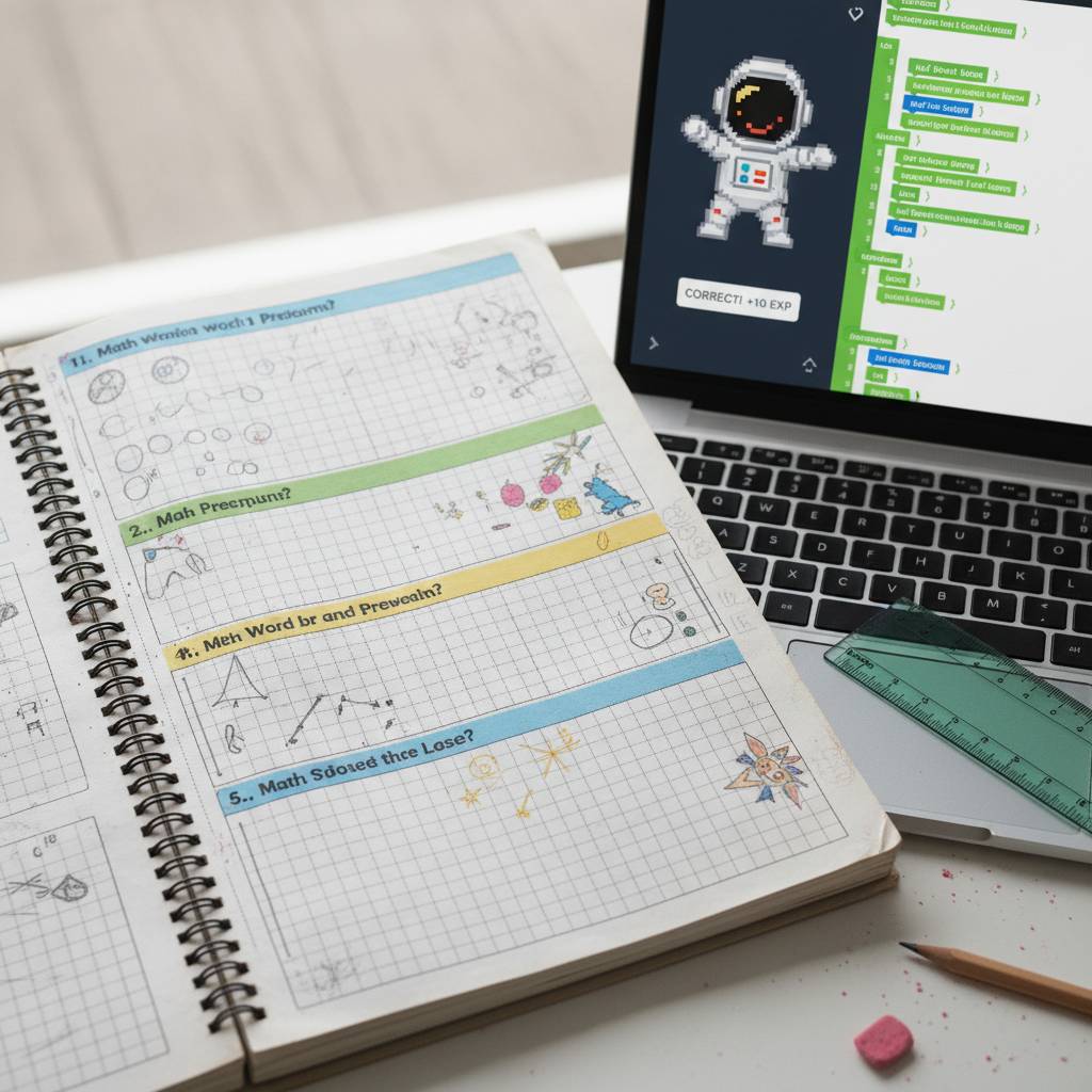 A photographic close-up of a well-used math workbook opened to a colorful page of word problems, with margins filled by hand-drawn helper diagrams, number lines, and little celebratory stars around correct answers. Nestled beside it is a slim laptop running an interactive coding tutorial, its screen showing a tiny animated character reacting to correct code. A translucent ruler, eraser dust, and a sharpened wooden pencil lie casually across the pages, adding to the sense of real, ongoing study. Soft overcast daylight from a nearby window bathes the scene in gentle, neutral tones with minimal harsh shadows. Shot from a slightly tilted top-down angle, the image feels authentic, playful, and full of curiosity about both math and programming.