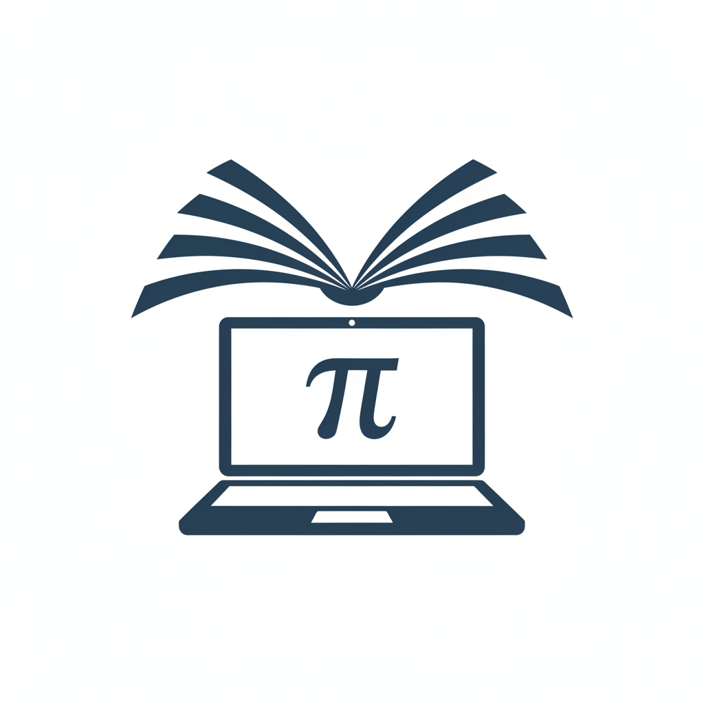 A minimal circular logo icon on a white background. A navy blue open laptop computer with the Greek letter π displayed on its screen. Above the laptop, an open book with visible pages spread like an umbrella/wings over the laptop. The book should look clearly like a book with visible spine and pages. Clean, simple, flat design style using only navy blue (#1a2a5e) on white. No text, no extra elements.