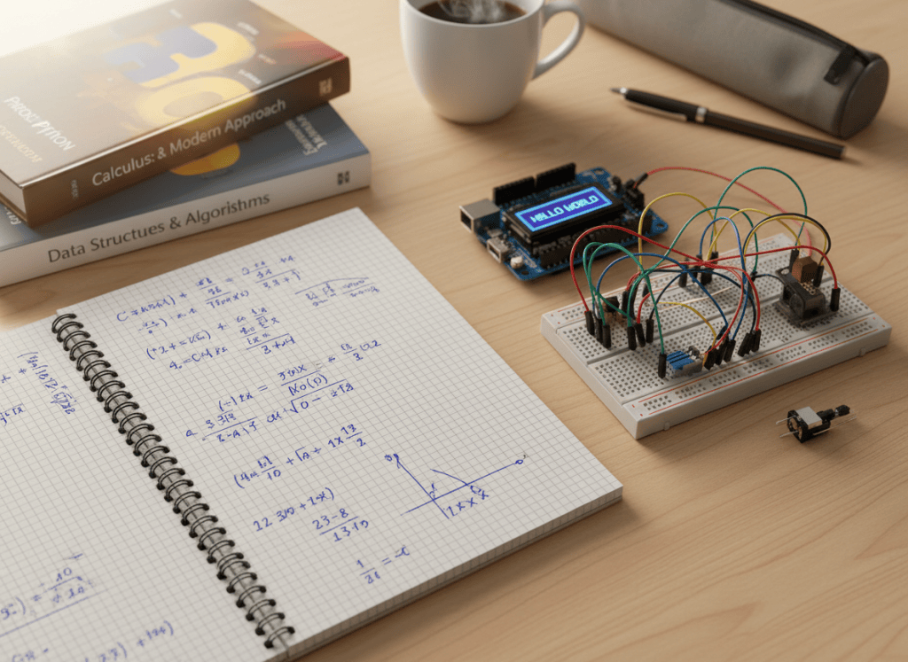 A flat lay of an open math notebook with handwritten equations, a few programming books, and an Arduino circuit board with colorful wires, arranged neatly on a wooden desk. Soft, warm lighting. Clean and studious atmosphere.
